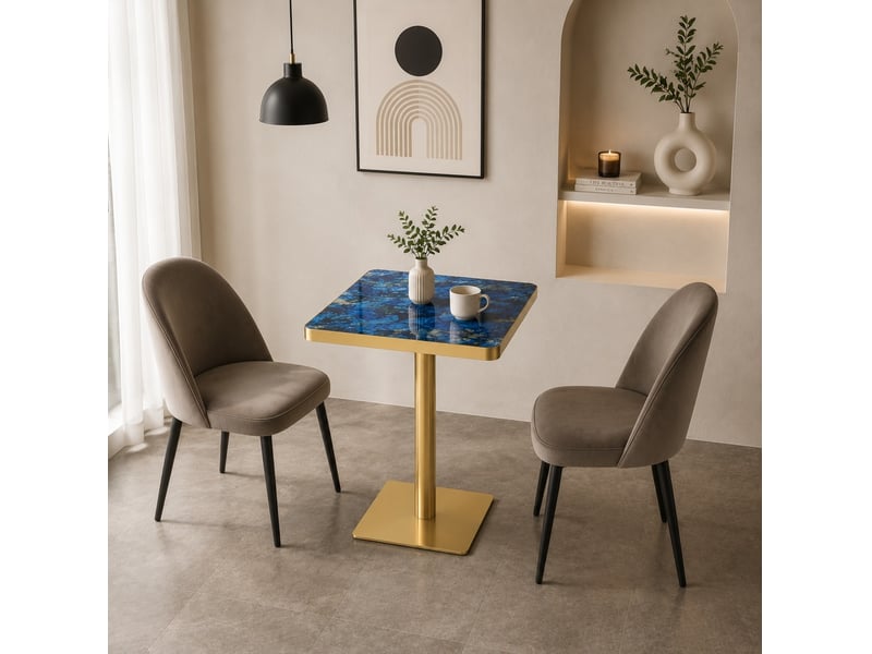 Table de salle à manger carrée pour 2 à 4 personnes, effet marbre et bord doré, en mdf et métal, bleu, 60 × 60 × 74 cm - Conforama D