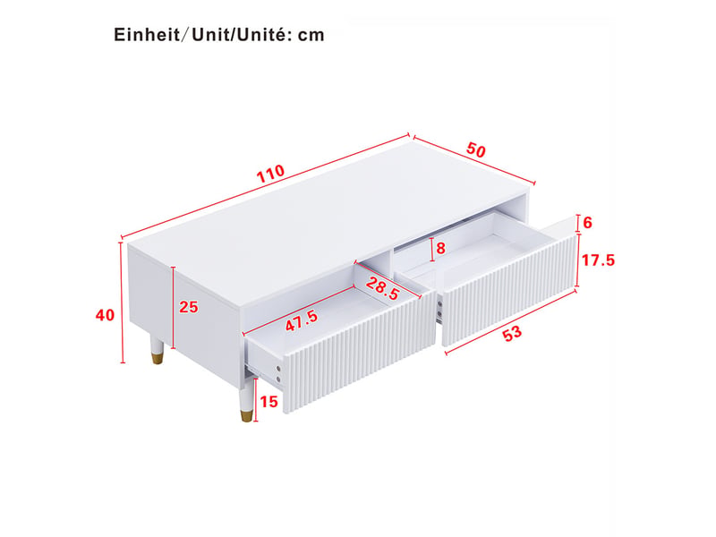  Ensemble meuble tv et table basse avec led, mdf blanc et détails dorés  - Conforama E