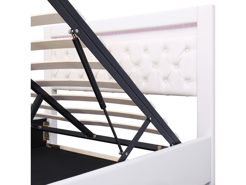  Lit coffre 140 × 190 cm, revêtement pu, sommier à lattes, rangement hydraulique, éclairage led, sans matelas, blanc  - Conforama E