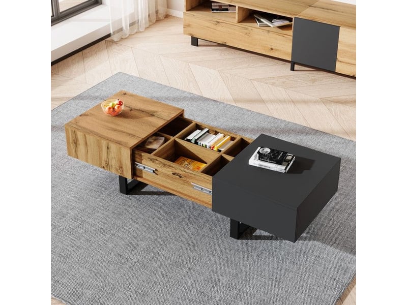  Table basse coulissante avec rangement - naturel - panneau de particules - supports métalliques 155x55x40cm - Conforama D