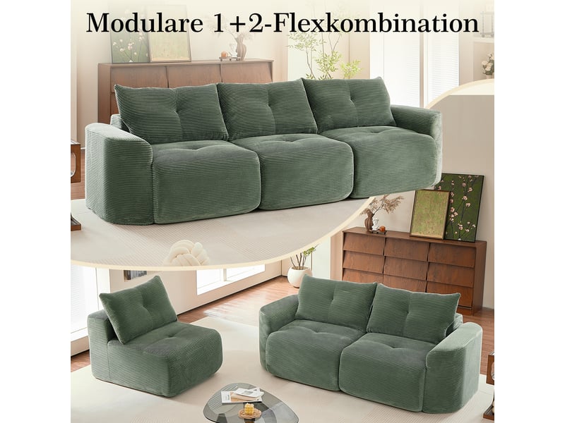Canapé modulable 3 places 279 x 100 x 84 cm style wabi-sabi avec module 1 place amovible, relief côtelé et formes arrondies, velours côtelé, vert OMNIGLINT TRADING LTD - Conforama E