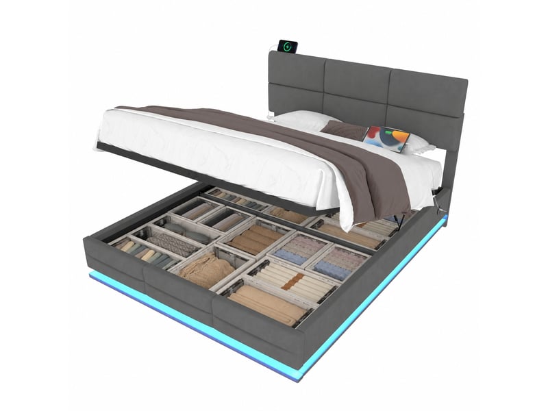  Lit coffre 160x200 en velours gris, tête de lit réglable, éclairage led, ports usb et usb-c, rangement hydraulique  - Conforama A