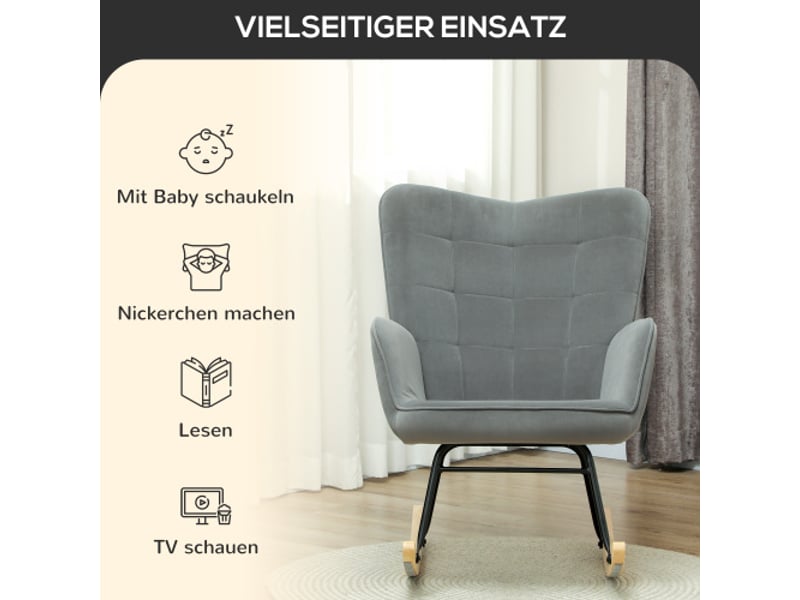  Fauteuil à bascule gris foncé aspect velours, accoudoirs et patins en bois, relax pour salon et chambre  - Conforama B