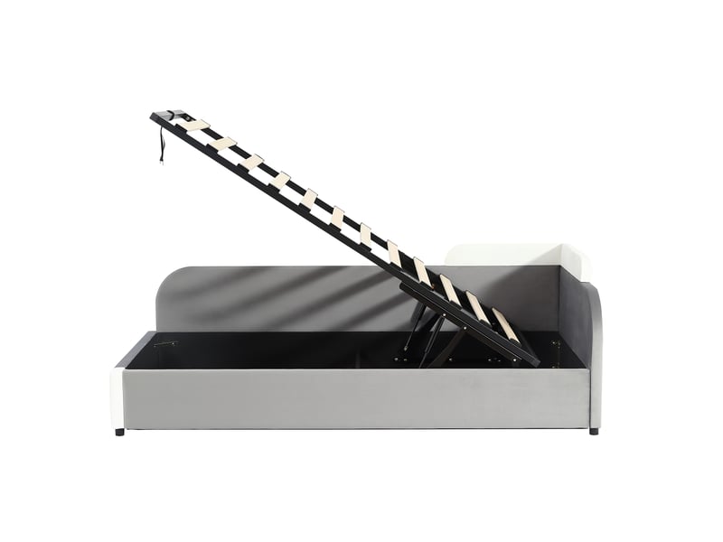  Lit capitonné, lit simple, lit enfant, lit hydraulique avec rangement, barrière de sécurité souple surélevée, sac de rangement au pied du lit, panneau latéral gauche, velours et contreplaqué, gris, 90 x 200 cm  - Conforama E