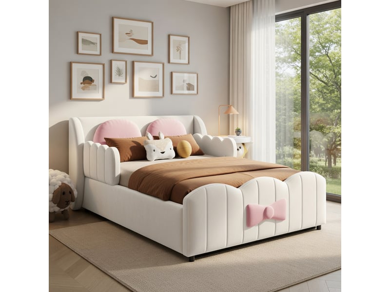  Lit d'enfant 90 x 200, rangement hydraulique, avec 2 grands coussins décoratifs, en velours, beige  - Conforama B