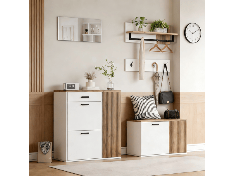  Banc de rangement set d'entrée 5 pièces avec meuble à chaussures et miroir - lpospi - panneaux de particules blanc chêne  - Conforama C