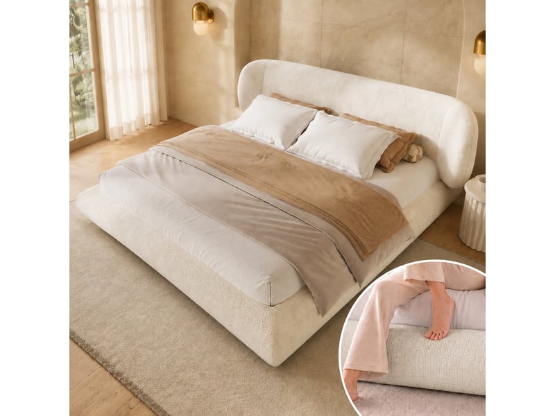  Lit double 160 x 200 cm, cadre de lit rembourré en chenille, beige  - Conforama B