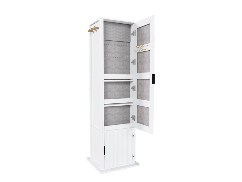 Armoire à bijoux pivotante 360° avec miroir, rangement 4-en-1, blanc - Conforama E