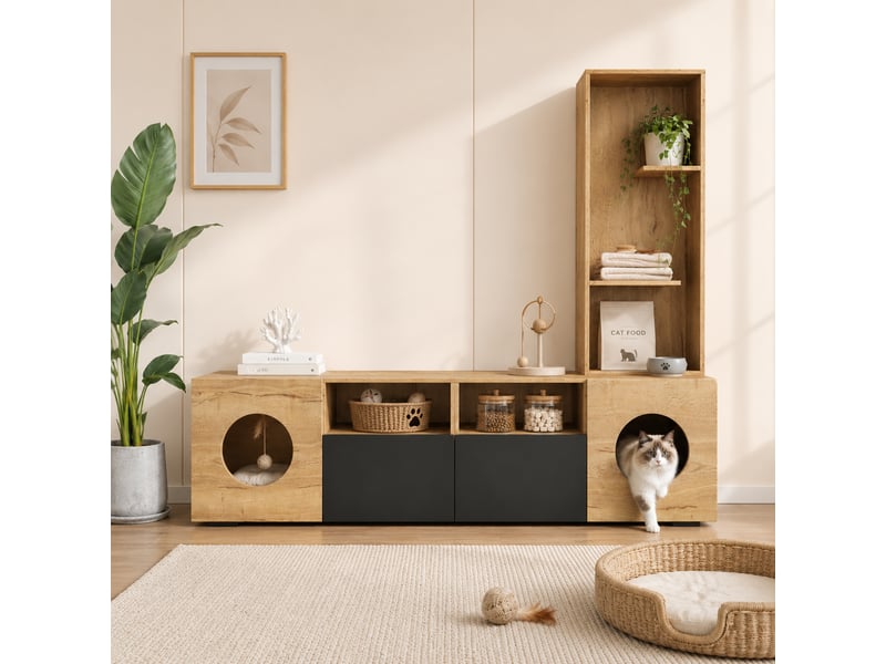  Meuble tv avec espace, niches ouvertes, portes et étagère haute, pour salon, noir naturel, 185 × 40 × 162 cm  - Conforama B