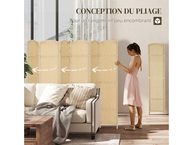  Paravent interieur en bois 6 panneaux 240 x 170 cm séparateur de pièce pliable pour salon, naturel, chambre à coucher  - Conforama E