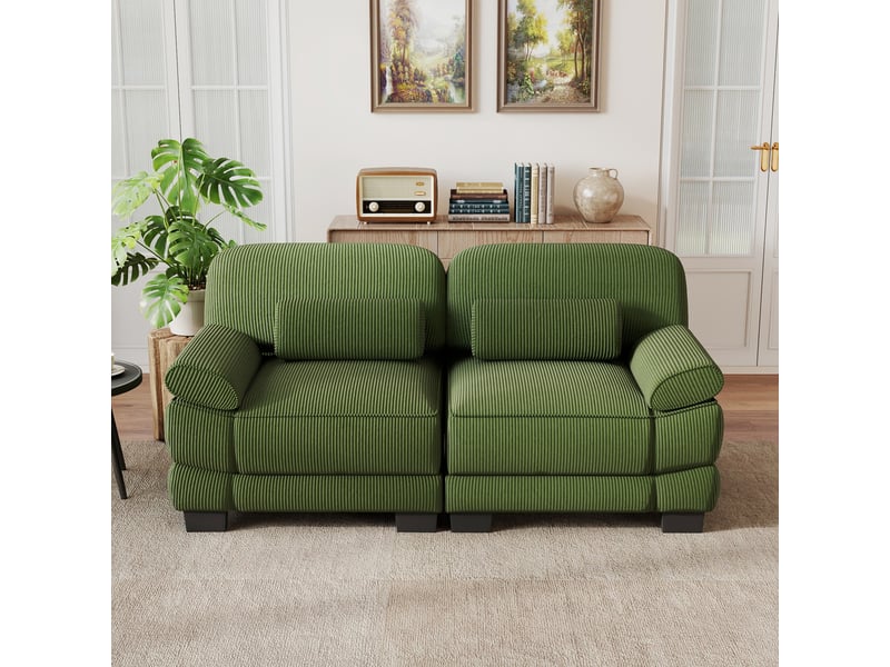  Canapé 2 places moderne à cadre modulable, coussin lombaire confortable, assise profonde, revêtement cord doux, vert, salon appartement  - Conforama D