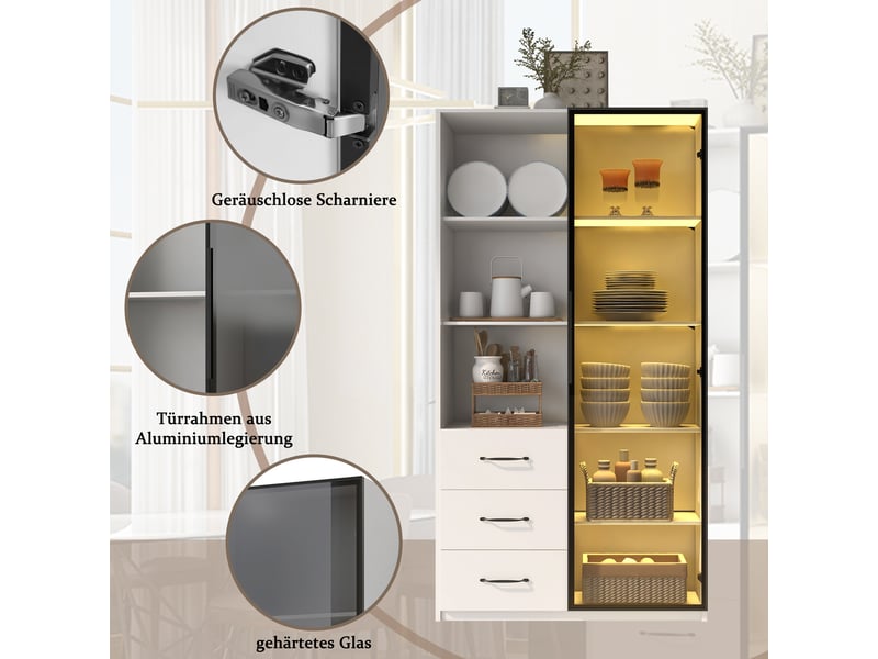  Vitrine led blanche 80x40x160 cm, bibliothèque avec porte en verre trempé, 3 tiroirs et étagères, cadre aluminium pour salon.  - Conforama E