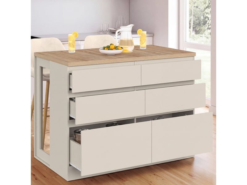 Ilot central mange-debout orso 120 cm casserolier 6 tiroirs beige et plateau effet bois - Conforama B