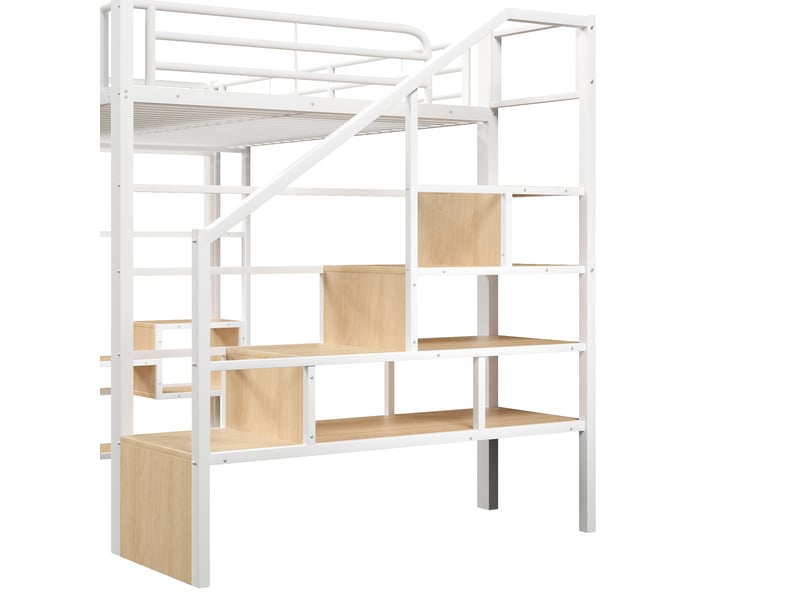  Lit mezzanine en métal 140x200 cm, lit double, lit ado, étagère avec rangement, garde-corps, échelle, led, espace ouvert sous le lit, blanc Seren Glow - Conforama E