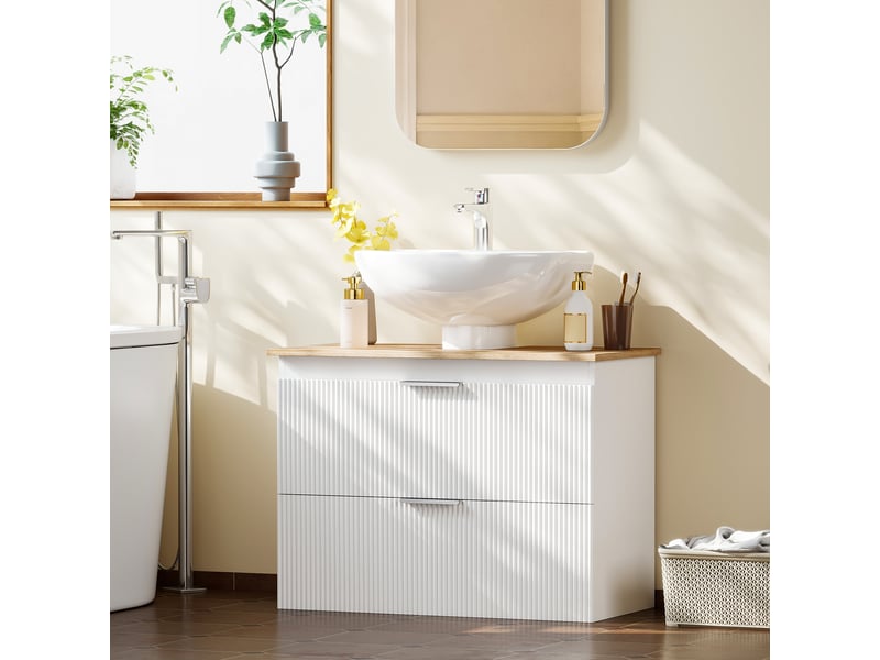  Meuble sous vasque 80 cm blanc, 2 tiroirs et plateau aspect bois, avec découpe pour tuyaux  - Conforama D