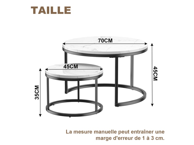  Tables basses gigognes ulevr rondes 2 pièces, rangement emboîtable, 70 x 70 x 45 cm, mdf effet marbre blanc et métal doré  - Conforama C