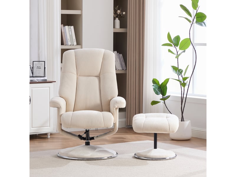 Fauteuil relax pivotant avec repose-pieds, tissu chenille beige, dossier inclinable à 145° pour salon et lecture - Conforama B