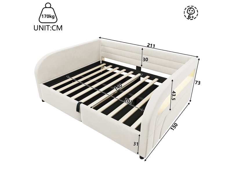  Lit coffre banquette 140 × 200 cm, rangement hydraulique, led rgb, côtés rembourrés, sommier à lattes, flanelle beige  - Conforama C