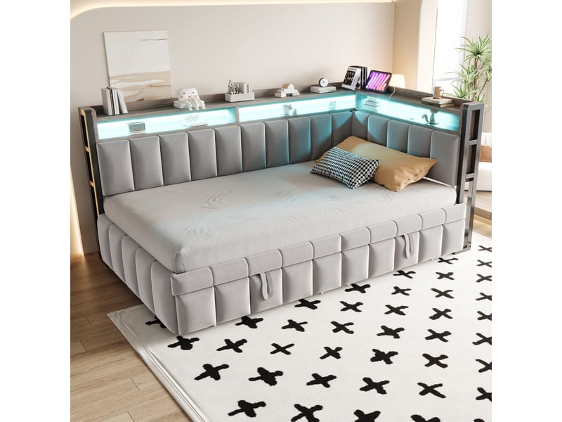  Lit banquette - 90x200 cm - éclairage led - usb et usb-c - sommier à lattes - velours - lit gigogne - gain de place - gris clair CozyNest - Conforama C