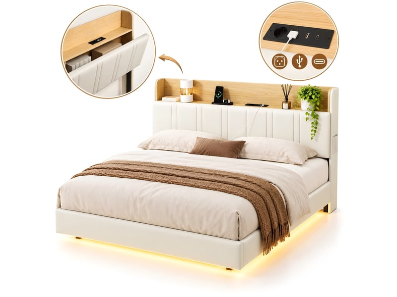  Kefsr lit adulte 2 places 140x190 cm, lit flottant suspendu avec led et sommier, tête de lit multifonction rangementusb, simili cuir blanc  - Conforama A