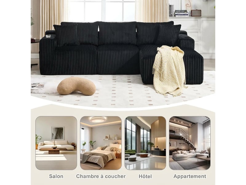  Canapé modulable avec méridienne 3 places en velours côtelé noir - mousse haute densité  - Conforama E