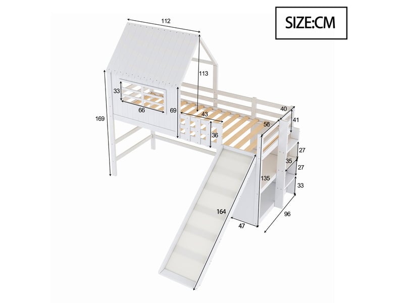  Lit mezzanine enfant 200×90 cm avec toboggan, échelle et rangements, sans matelas, en bois massif et mdf  - Conforama D