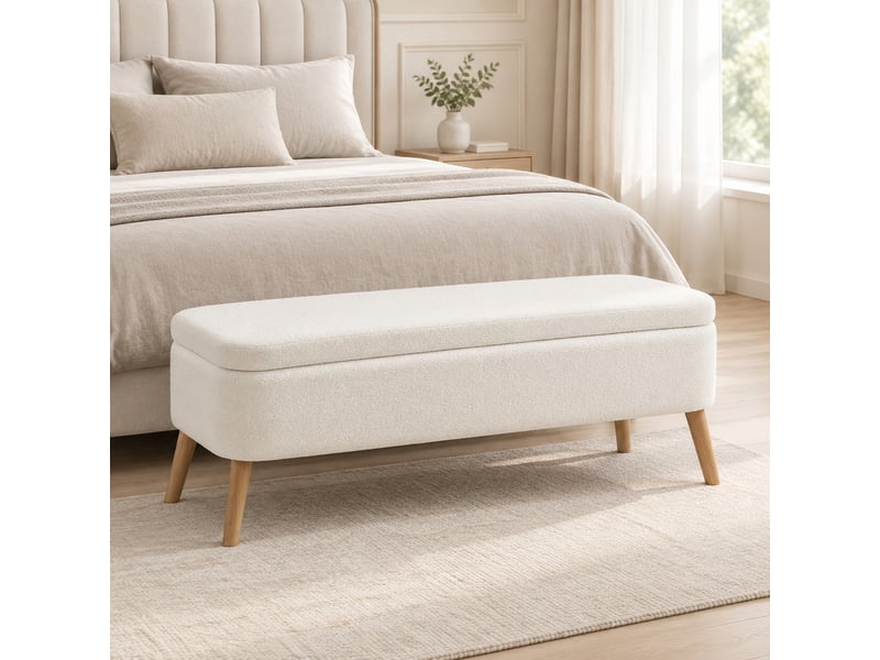  Banc de rangement 120 x 42 x 45 cm blanc crème, bois et tissu polaire, coffre de 65 l rembourré  - Conforama B