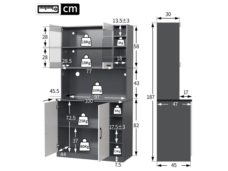 Buffet haut brun et noir en mdf, 145 × 39 × 171 cm, portes vitrées, panneau perforé, 5 portes, pour cuisine et salle à manger - Conforama B