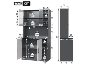 Buffet de cuisine en bois composite 100x47x187 cm, led, niche micro-ondes et étagères latérales réglables pour salle à manger