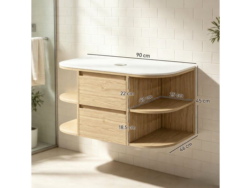  Meuble vasque suspendu 90 cm en mdf marron et blanc, 2 tiroirs  - Conforama C