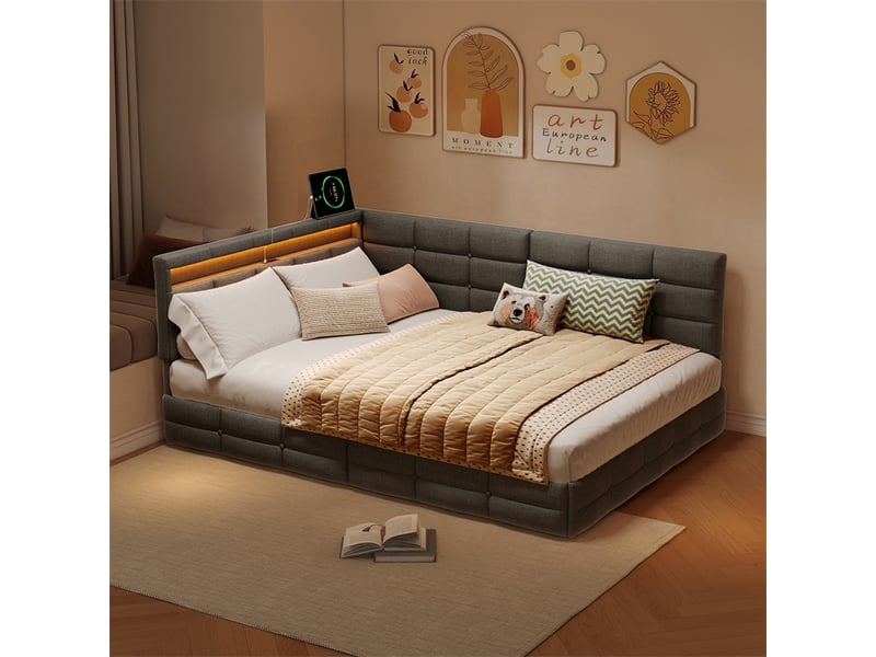  Lit 140x190cm - lit double 140x190cm - lit rembourré avec tête de lit en l et 2 tiroirs, prises et led - gris  - Conforama D