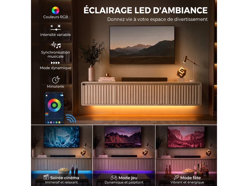  Meuble tv suspendu flottant 120 cm avec éclairage led et prises, blanc, meuble télé pour téléviseur 65 pouces  - Conforama R