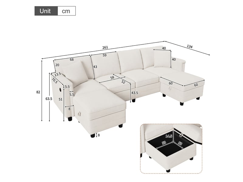  Canapé modulable beige en u et en l avec 2 poufs de rangement  - Conforama E