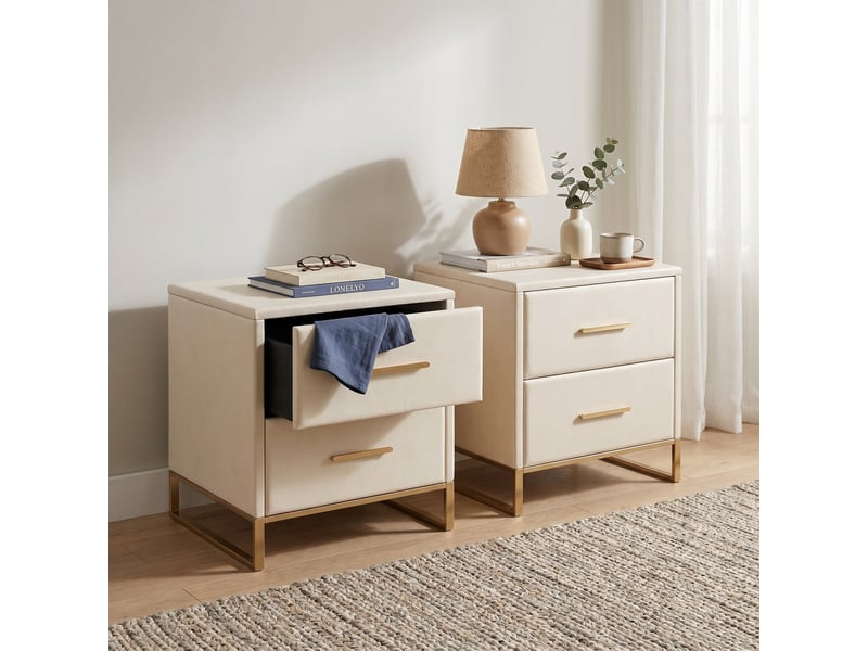  Lot de 2 tables de chevet 40x40x50cm avec 2 tiroirs, velours et pieds en métal doré, style moderne, beige  - Conforama B