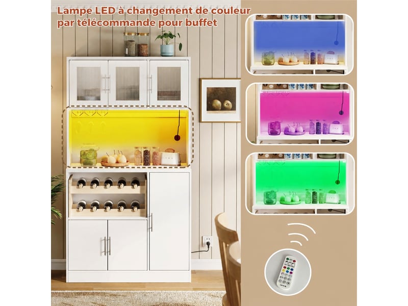  Meuble de cuisine muvano blanc, buffet haut avec portes en verre strié et éclairage rgb  - Conforama E