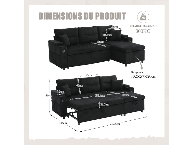  Canapé d’angle 3 places en corde avec rangement, porte-gobelets et usb-c, chaiselongue hydraulique et lit tiroir, design moderne et confortable  - Conforama C