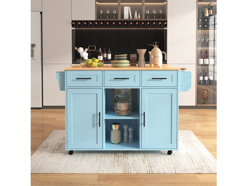  Chariot de cuisine 139x46 cm avec plateau rabattable et rangements, bleu  - Conforama B