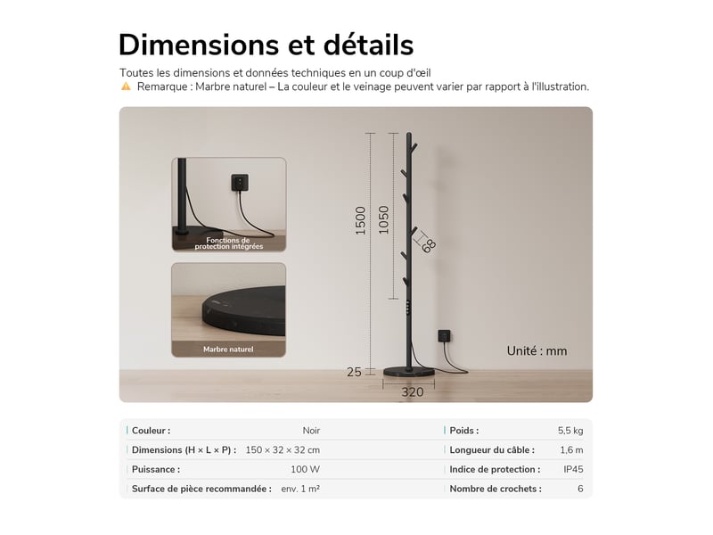  Emke sèche-serviettes électrique sur pied 150 x 32 x 32 cm, 100 w, wi-fi, alexa, noir mat, 6 modes  - Conforama E