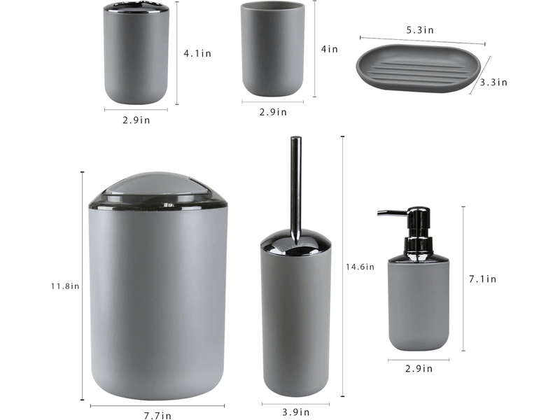  Ensemble d'accessoires de salle de bain 6 pièces avec poubelle, distributeur de savon, porte-savon, gris  - Conforama C