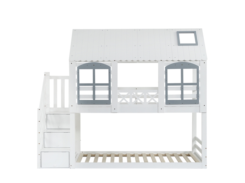  Lit superposé enfant 90x200 cm – blanc et gris – escalier à 3 rangements et fenêtres décoratives  - Conforama D