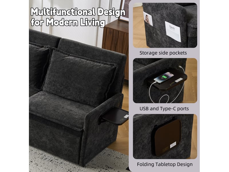 Canapé droit convertible 2 places en tissu noir avec usb, dossier réglable 5 positions et poches latérales  - Conforama D