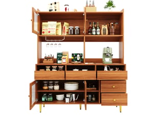 Buffet haut aspect bois et décor doré, 145x39x171 cm, mdf, verre cannelé, porte-verres et rangement pour salle à manger