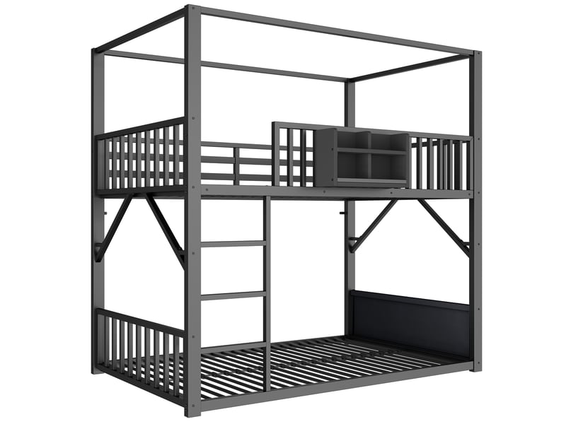 Lit superposé en métal 90x200 cm, structure avec toit, avec étagère et poche de rangement, noir - Conforama A