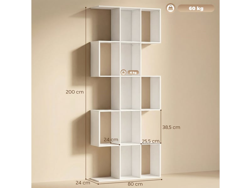  Bibliothèque en forme de s à 5 niveaux pour salon, chambre, bureau, 80 x 24 x 200 cm, blanche  - Conforama E