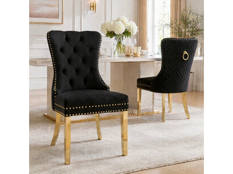  Lot de 2 chaises de salle à manger en velours noir et doré  - Conforama C
