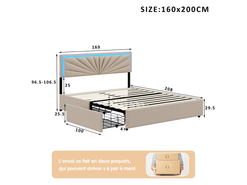  Cadre de lit adulte 160x200 cm avec tête de lit led réglable et 4 tiroirs - sommier à lattes, lin beige, structure renforcée 300 kg  - Conforama R