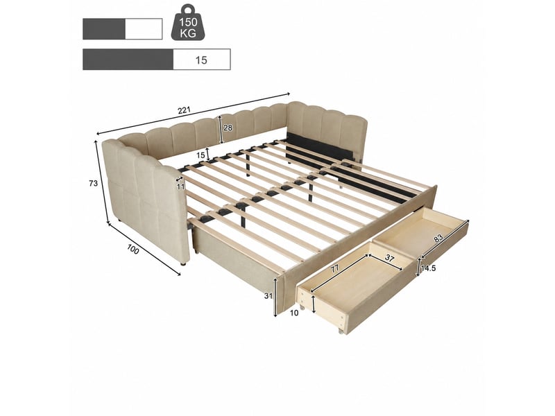  Lit banquette 90x200cm extensible avec 2 tiroirs et ports usbusb-c, chenille beige  - Conforama C