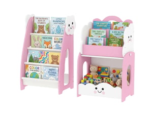 Meuble rangement enfant 3 à 8 ans, rangement jouets enfant modulaire avec porte-magazines à 4 étagères, rose