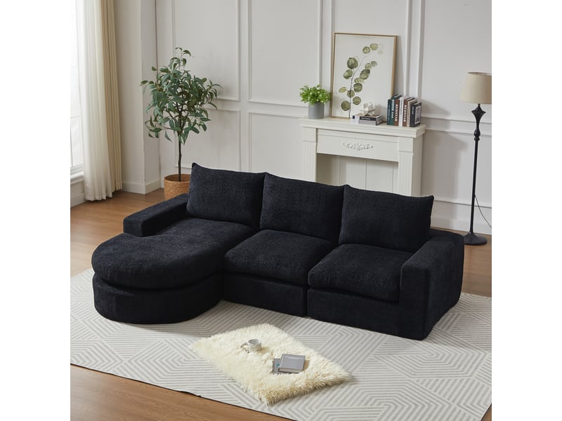  Canapé d’angle modulable en chenille, méridienne réversible, mousse haute densité, 3 coussins, ne nécessitant aucun montage - noir  - Conforama B