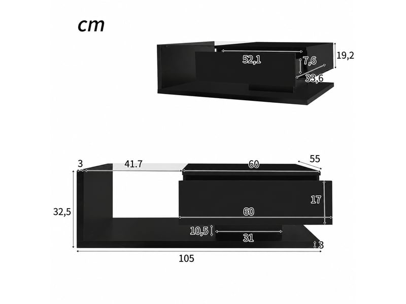  Table basse noire brillante avec plateau en verre trempé et led 16 couleurs, 105 x 55 x 32,5 cm  - Conforama C
